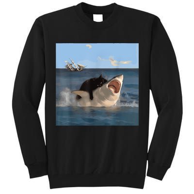 Cat Biting Shark Humorous Playful Funny Cat And Shark Tall Sweatshirt