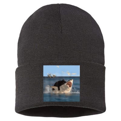 Cat Biting Shark Humorous Playful Funny Cat And Shark Sustainable Knit Beanie