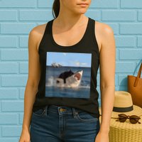 Cat Biting Shark Humorous Playful Funny Cat And Shark Womens Tank Top