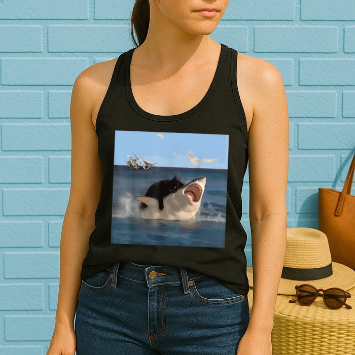 Cat Biting Shark Humorous Playful Funny Cat And Shark Womens Tank Top