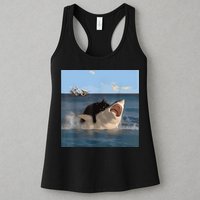 Cat Biting Shark Humorous Playful Funny Cat And Shark Womens Tank Top