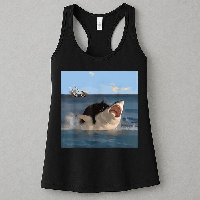Cat Biting Shark Humorous Playful Funny Cat And Shark Womens Tank Top