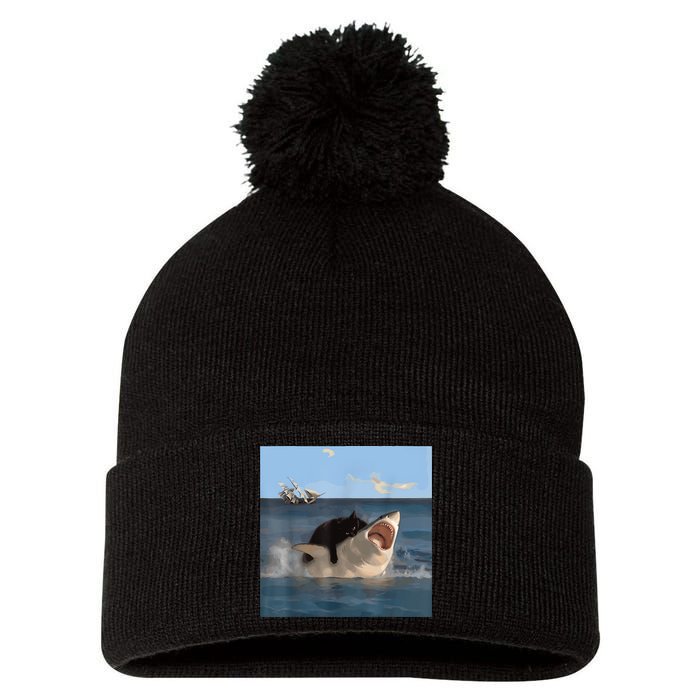 Cat Biting Shark Humorous Playful Funny Cat And Shark Pom Pom 12in Knit Beanie