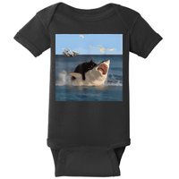 Cat Biting Shark Humorous Playful Funny Cat And Shark Baby Bodysuit