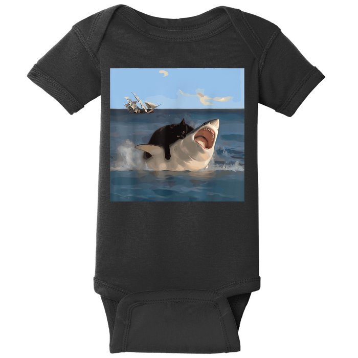 Cat Biting Shark Humorous Playful Funny Cat And Shark Baby Bodysuit