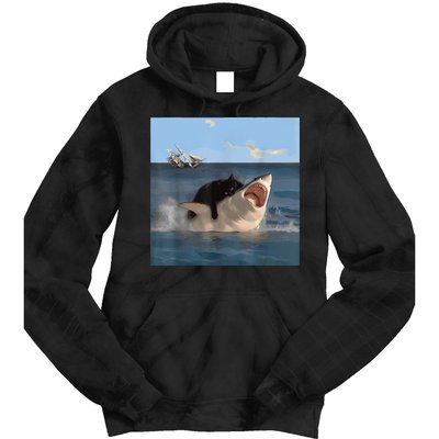 Cat Biting Shark Humorous Playful Funny Cat And Shark Tie Dye Hoodie