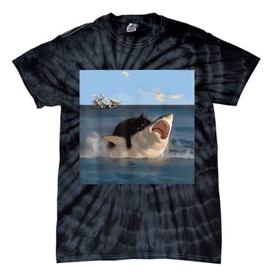 Cat Biting Shark Humorous Playful Funny Cat And Shark Tie-Dye T-Shirt