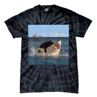 Cat Biting Shark Humorous Playful Funny Cat And Shark Tie-Dye T-Shirt