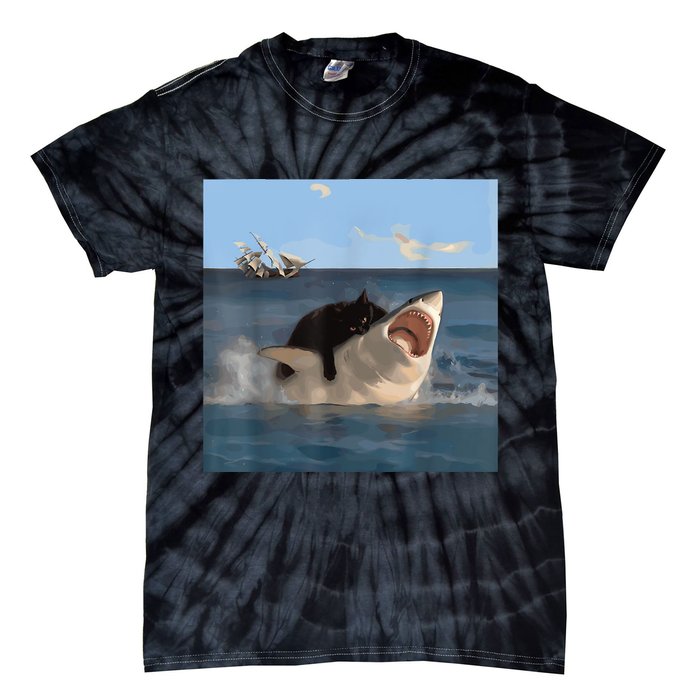 Cat Biting Shark Humorous Playful Funny Cat And Shark Tie-Dye T-Shirt