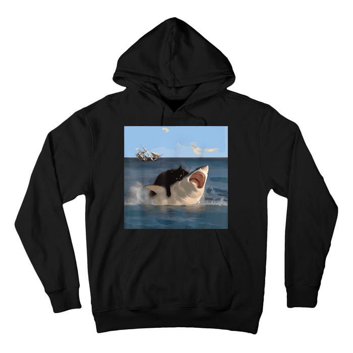Cat Biting Shark Humorous Playful Funny Cat And Shark Tall Hoodie
