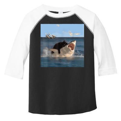 Cat Biting Shark Humorous Playful Funny Cat And Shark Toddler Fine Jersey T-Shirt