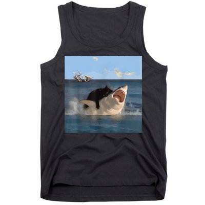 Cat Biting Shark Humorous Playful Funny Cat And Shark Tank Top