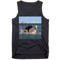 Cat Biting Shark Humorous Playful Funny Cat And Shark Tank Top