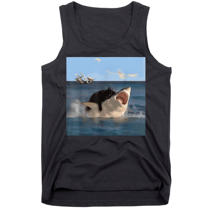 Cat Biting Shark Humorous Playful Funny Cat And Shark Tank Top
