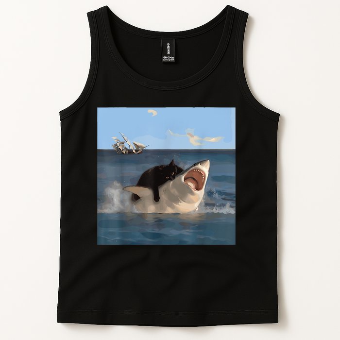 Cat Biting Shark Humorous Playful Funny Cat And Shark Tank Top