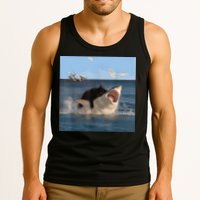 Cat Biting Shark Humorous Playful Funny Cat And Shark Tank Top
