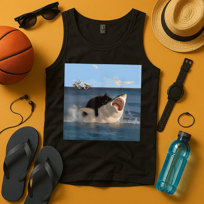 Cat Biting Shark Humorous Playful Funny Cat And Shark Tank Top