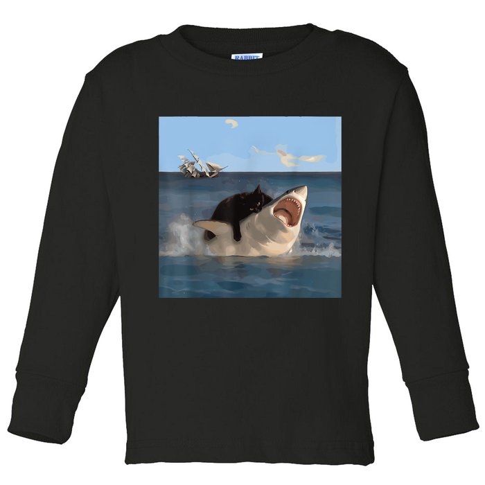 Cat Biting Shark Humorous Playful Funny Cat And Shark Toddler Long Sleeve Shirt