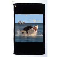 Cat Biting Shark Humorous Playful Funny Cat And Shark Golf Towel