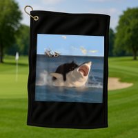 Cat Biting Shark Humorous Playful Funny Cat And Shark Golf Towel