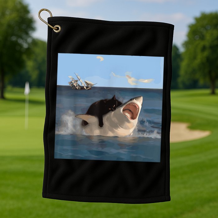 Cat Biting Shark Humorous Playful Funny Cat And Shark Golf Towel