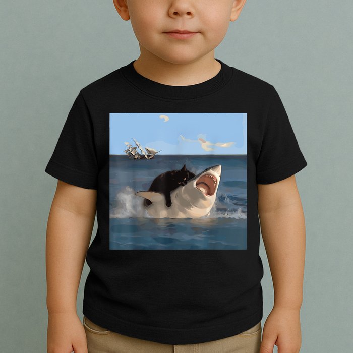 Cat Biting Shark Humorous Playful Funny Cat And Shark Toddler T-Shirt
