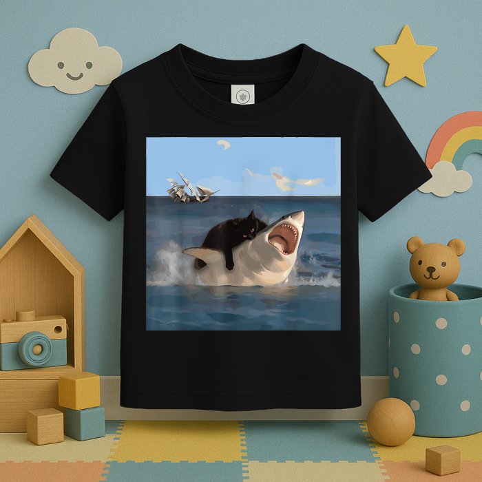 Cat Biting Shark Humorous Playful Funny Cat And Shark Toddler T-Shirt