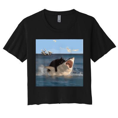 Cat Biting Shark Humorous Playful Funny Cat And Shark Crop Top