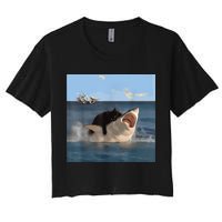 Cat Biting Shark Humorous Playful Funny Cat And Shark Crop Top