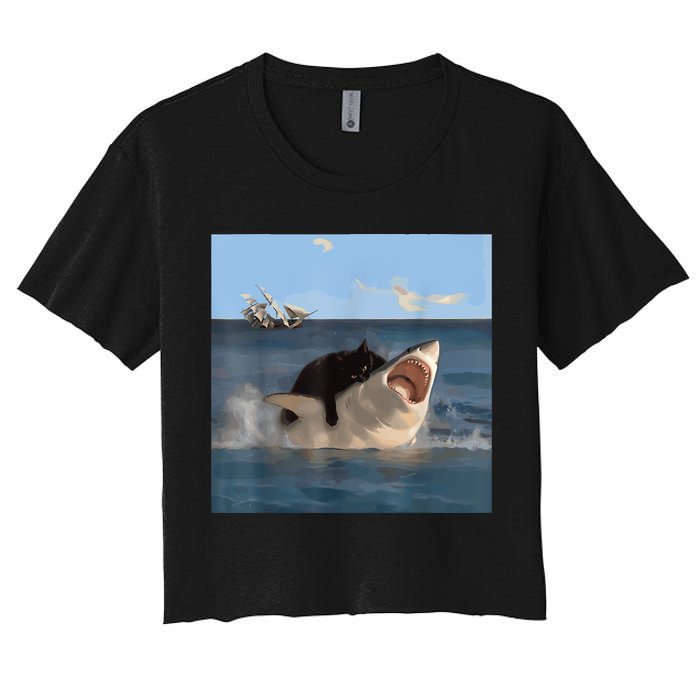 Cat Biting Shark Humorous Playful Funny Cat And Shark Crop Top