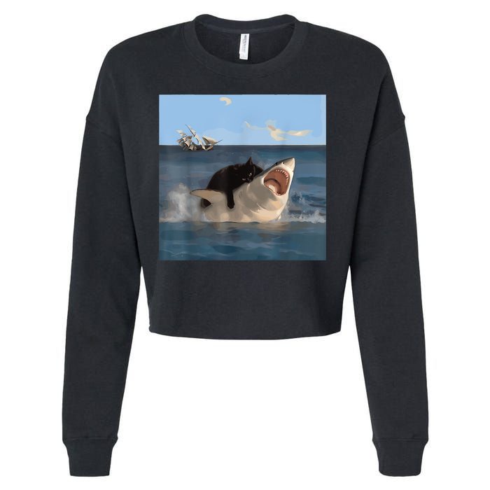 Cat Biting Shark Humorous Playful Funny Cat And Shark Cropped Pullover Crew