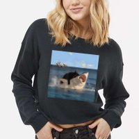 Cat Biting Shark Humorous Playful Funny Cat And Shark Cropped Pullover Crew
