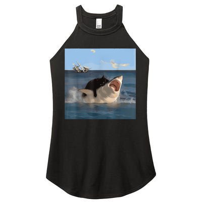 Cat Biting Shark Humorous Playful Funny Cat And Shark Women's Perfect Tri Rocker Tank