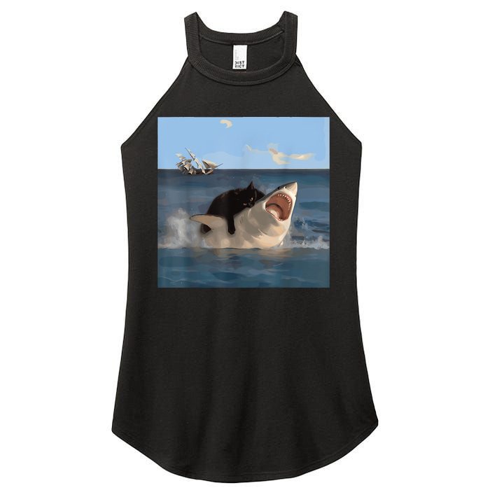 Cat Biting Shark Humorous Playful Funny Cat And Shark Women's Perfect Tri Rocker Tank
