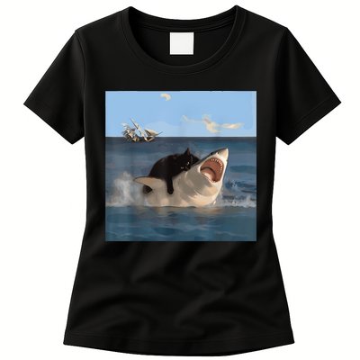 Cat Biting Shark Humorous Playful Funny Cat And Shark Womens T-Shirt