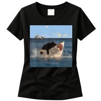 Cat Biting Shark Humorous Playful Funny Cat And Shark Womens T-Shirt
