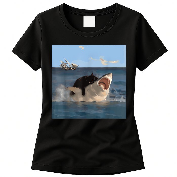 Cat Biting Shark Humorous Playful Funny Cat And Shark Womens T-Shirt