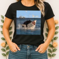 Cat Biting Shark Humorous Playful Funny Cat And Shark Womens T-Shirt