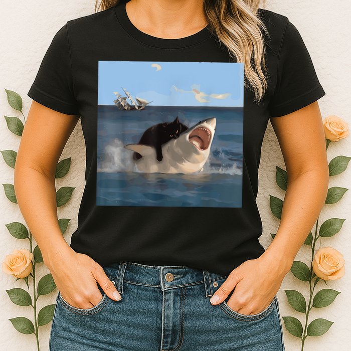 Cat Biting Shark Humorous Playful Funny Cat And Shark Womens T-Shirt