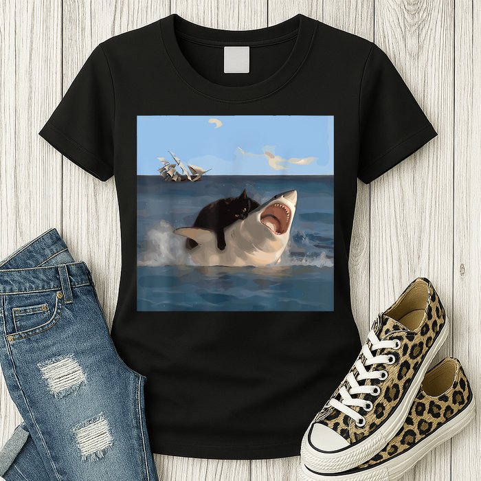 Cat Biting Shark Humorous Playful Funny Cat And Shark Womens T-Shirt