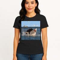 Cat Biting Shark Humorous Playful Funny Cat And Shark Womens T-Shirt