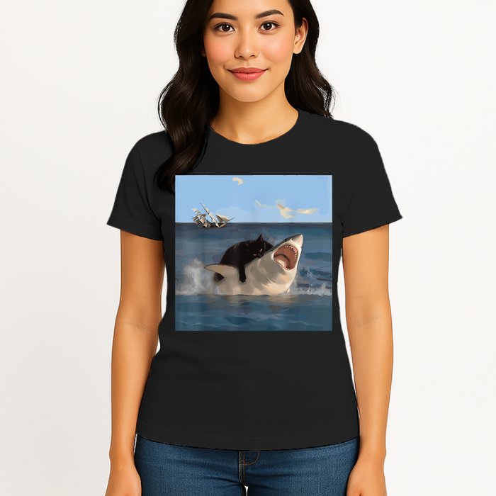 Cat Biting Shark Humorous Playful Funny Cat And Shark Womens T-Shirt