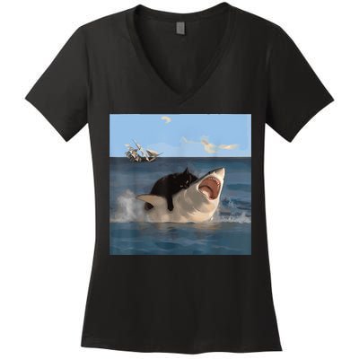 Cat Biting Shark Humorous Playful Funny Cat And Shark Women's V-Neck T-Shirt