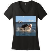 Cat Biting Shark Humorous Playful Funny Cat And Shark Women's V-Neck T-Shirt