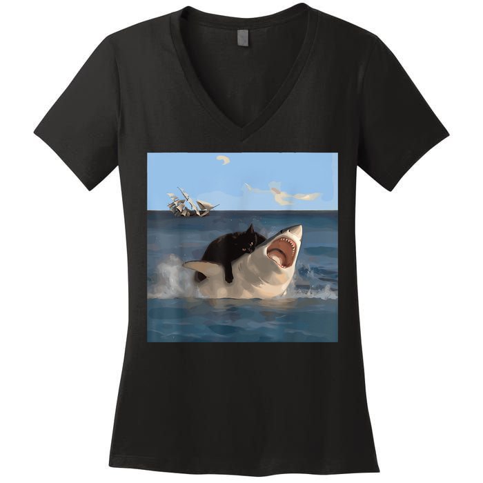 Cat Biting Shark Humorous Playful Funny Cat And Shark Women's V-Neck T-Shirt