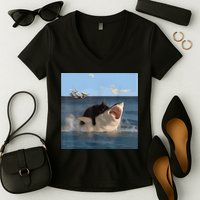 Cat Biting Shark Humorous Playful Funny Cat And Shark Women's V-Neck T-Shirt