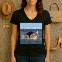 Cat Biting Shark Humorous Playful Funny Cat And Shark Women's V-Neck T-Shirt