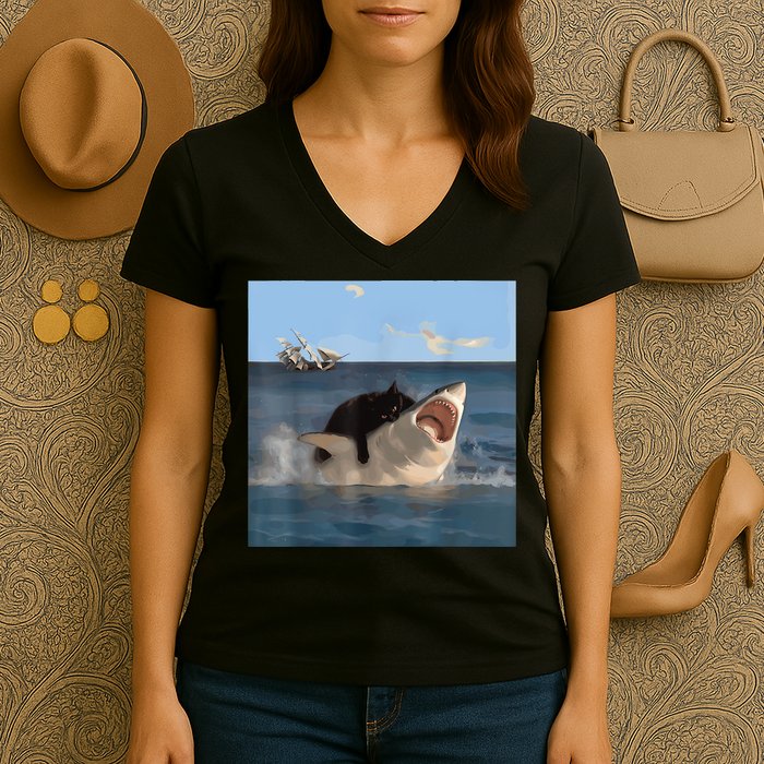 Cat Biting Shark Humorous Playful Funny Cat And Shark Women's V-Neck T-Shirt