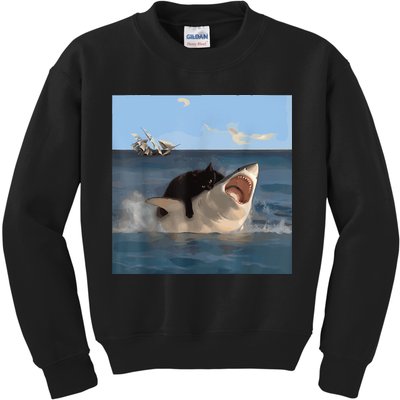 Cat Biting Shark Humorous Playful Funny Cat And Shark Kids Sweatshirt