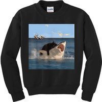 Cat Biting Shark Humorous Playful Funny Cat And Shark Kids Sweatshirt